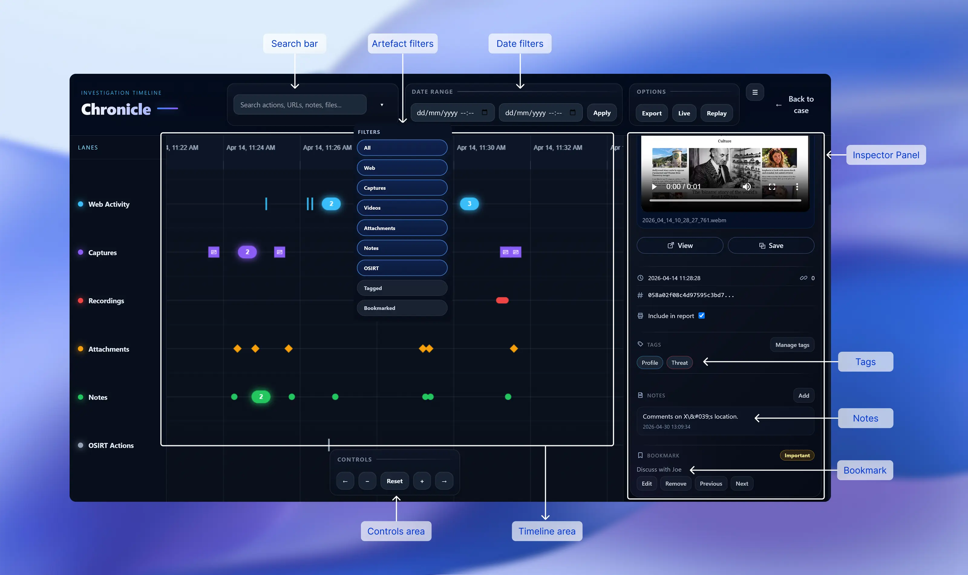 Chronicle opened from the main dashboard, showing the full timeline view.